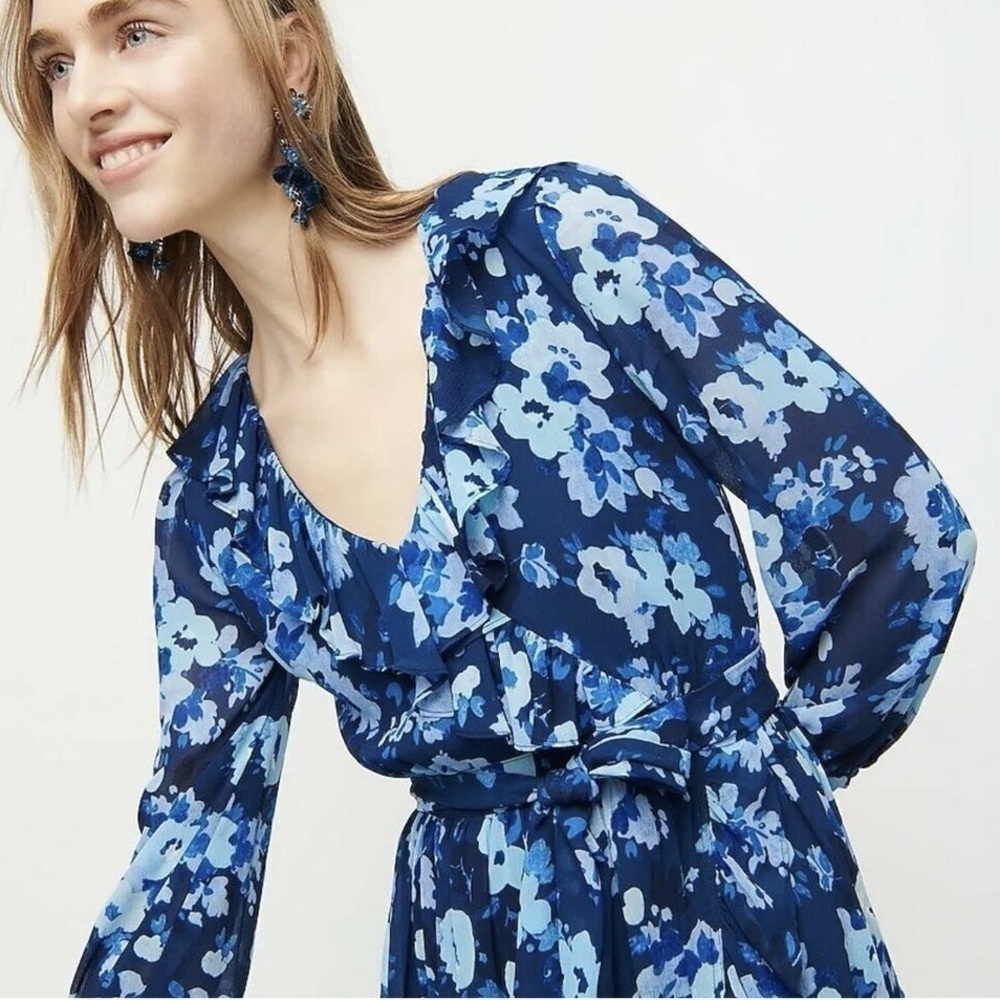 NEW J.Crew‎ Size 2 Watercolors Begonia Blue Floral Faux Wrap Midi Dress - Picture 8 of 16